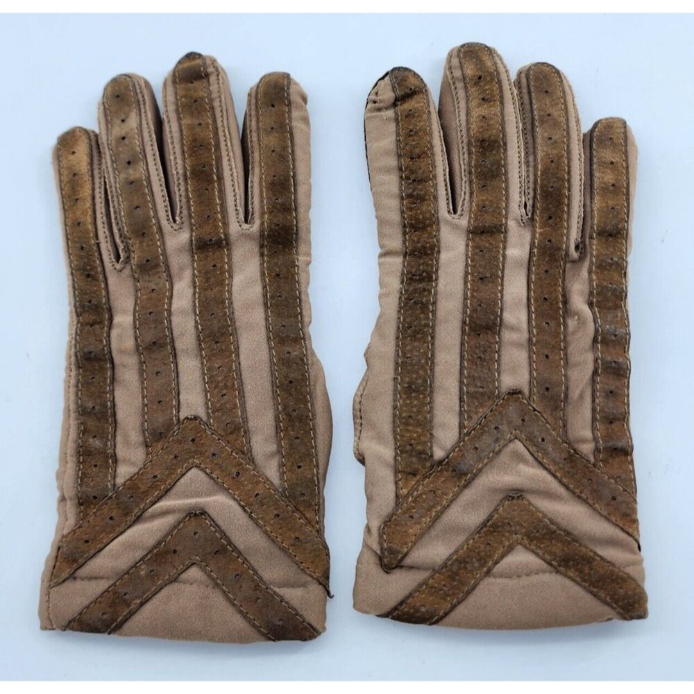 VTG Aris Isotoner Tan Women‎ Fleece Lined Gloves Suede Brown Trim Warm Ups Large - Picture 3 of 6